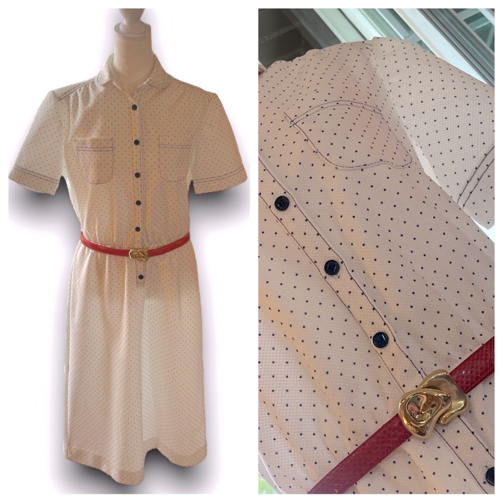 VTG Union Made Blue & White Polka Dot Short Sleeve Button Up Dress w/ Red Belt